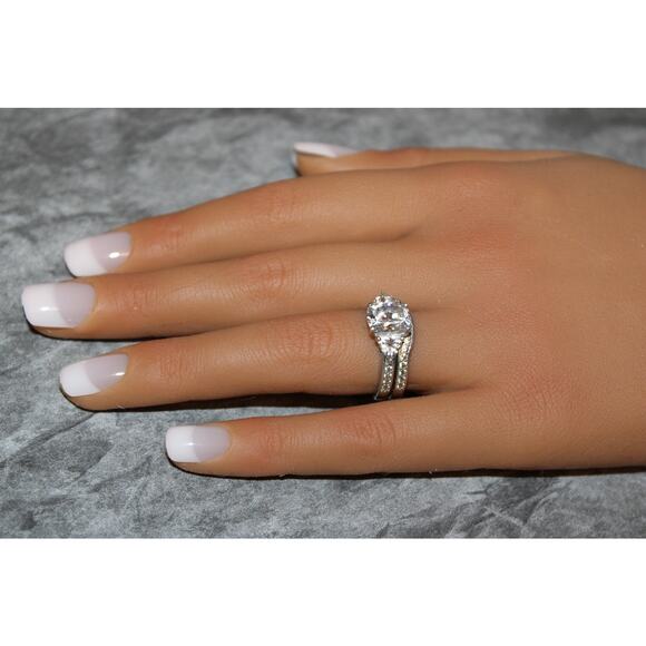 Diamonique 2.95 CTTW CZ Platinum Clad .925 Sterling Engagement Ring Set US SZ 7 - Picture 1 of 4